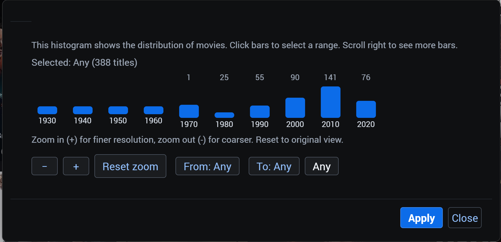Filter histograms screenshot
