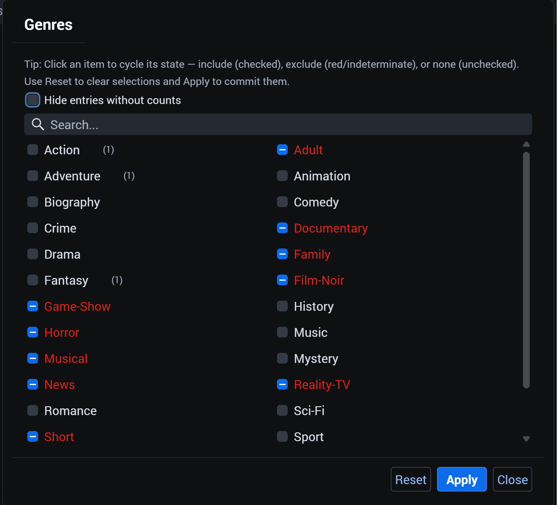 Include and exclude filters screenshot