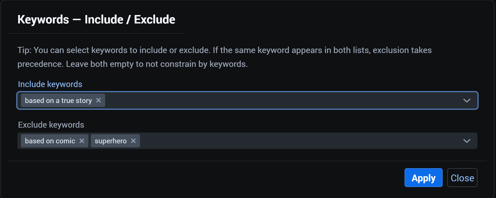 Keyword filtering screenshot